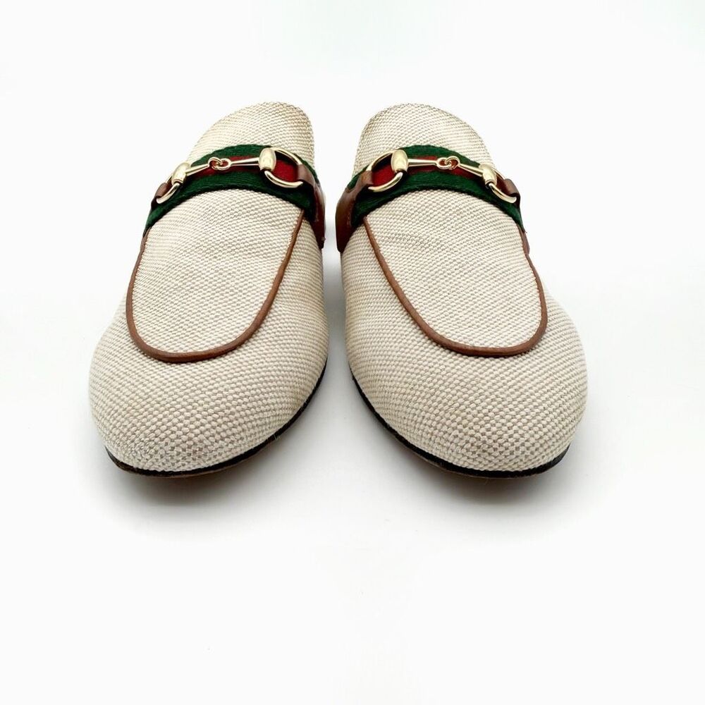 GUCCI Princetown Beige Canvas Mule Size 36.5 Horsebit Slip On Loafer Web Stripe - Picture 5 of 11